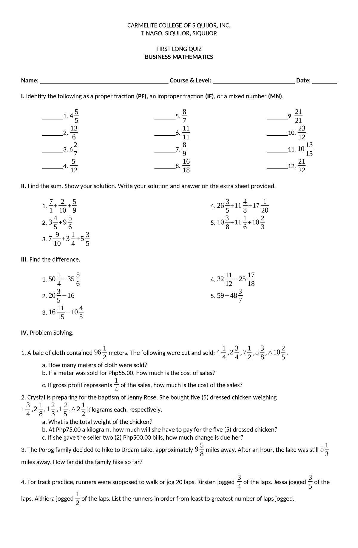 Business MATH - Thank you. - CARMELITE COLLEGE OF SIQUIJOR, INC. TINAGO ...