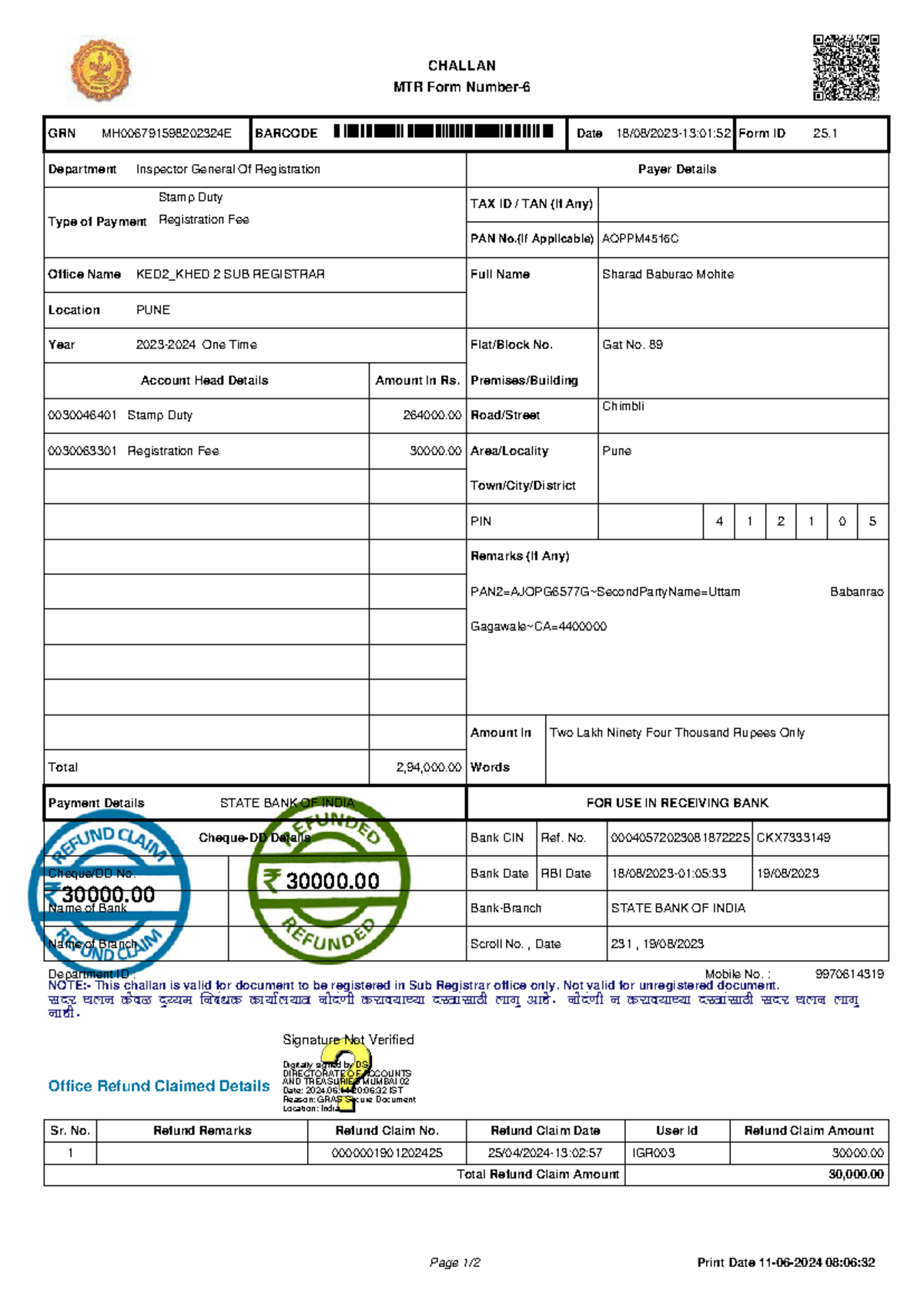 Echallan MH 006791598202324 E - CHALLAN MTR Form Number- 30000 30000 ...