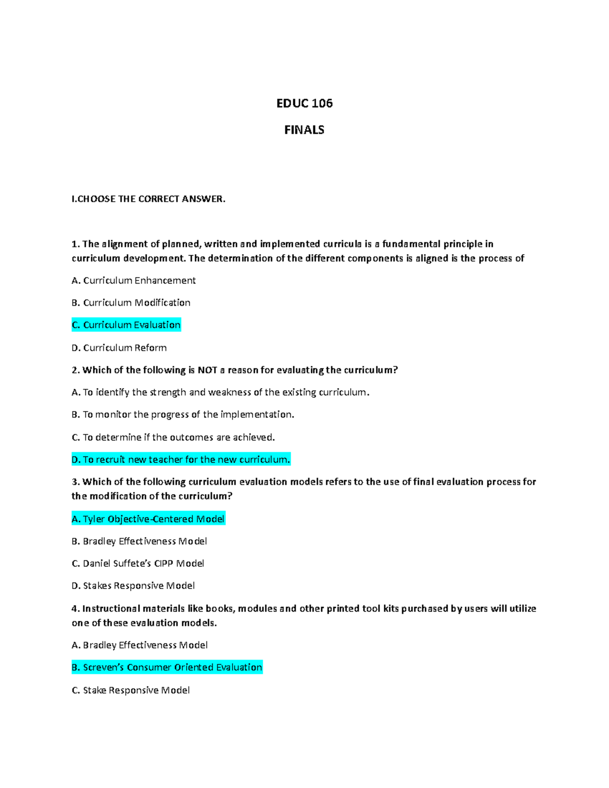 EDUC 106 - activity - EDUC 106 FINALS I THE CORRECT ANSWER. The ...