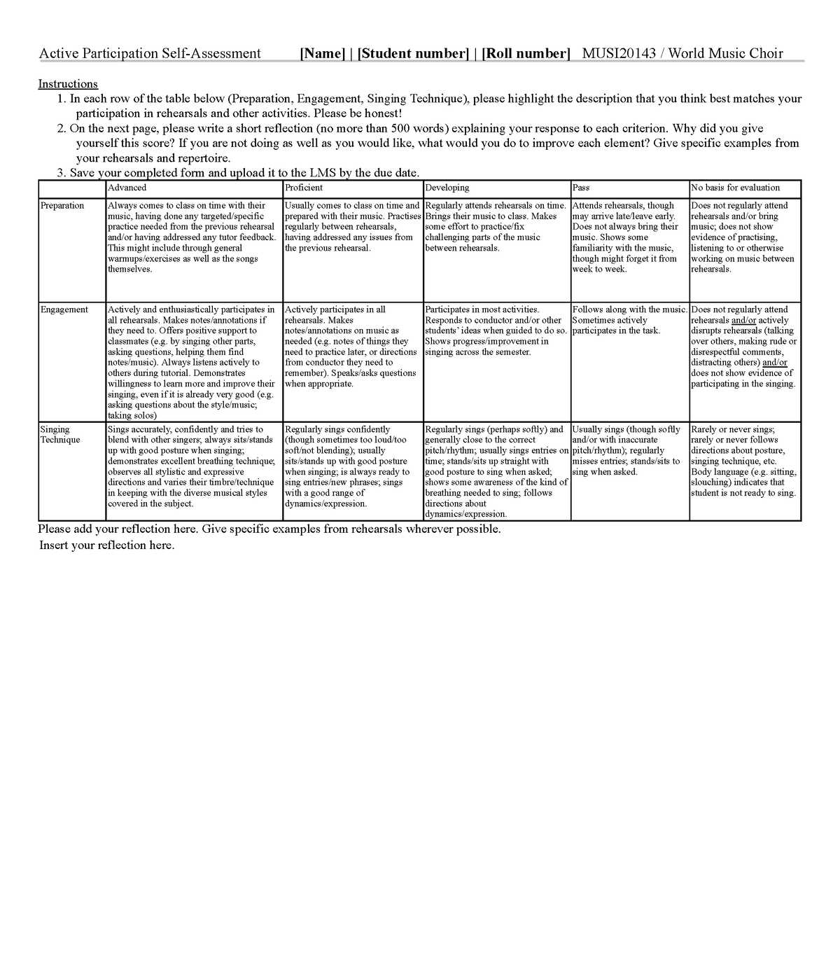 MUSI2014 3 Active+Participation+Self-Assessment+Form - Active ...