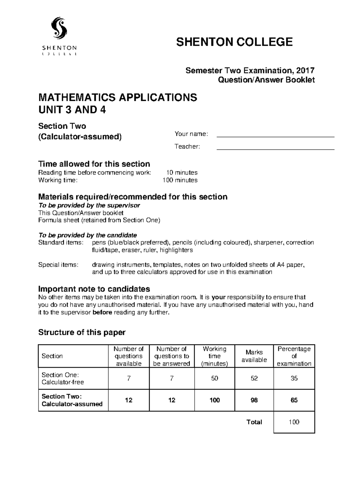 Semester Two Examination Section 2 Q paper - Semester Two Examination ...