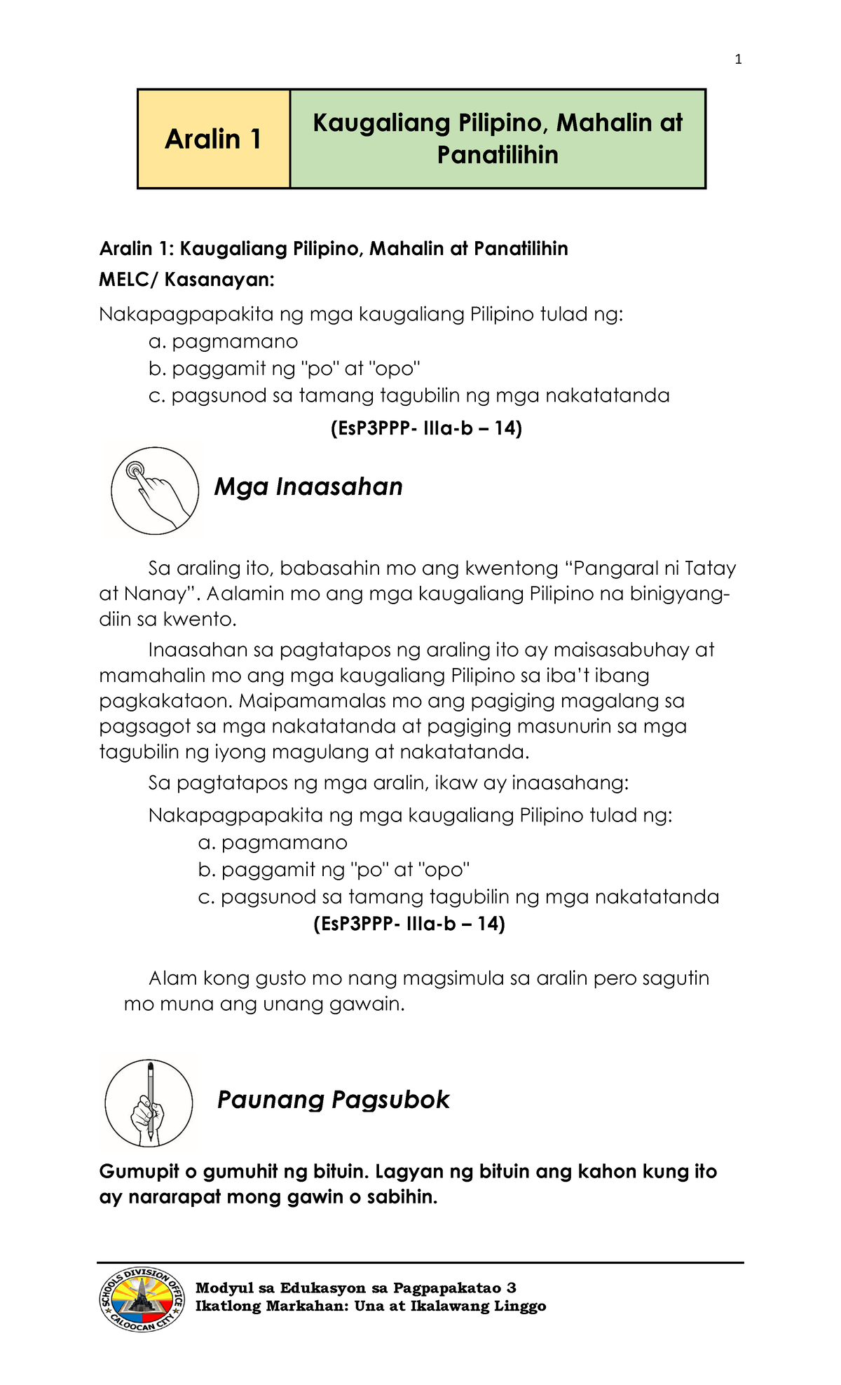 ESP 3 Q3 Weeks 1-2 - Read On The Notes - Modyul Sa Edukasyon Sa ...