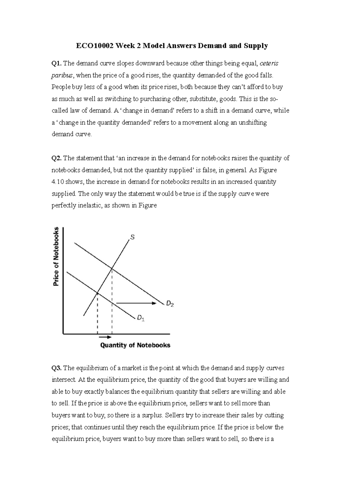 Week 2 answers - ECO10002 Week 2 Model Answers Demand and Supply Q1 ...