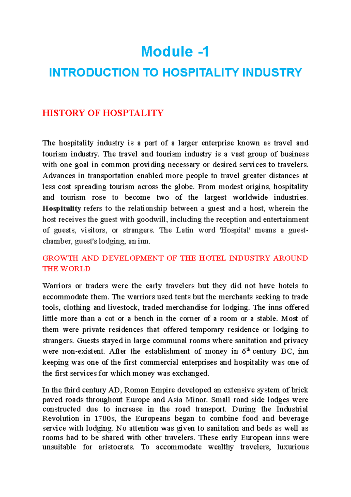 History Of Hospitality-1 - Module - INTRODUCTION TO HOSPITALITY ...