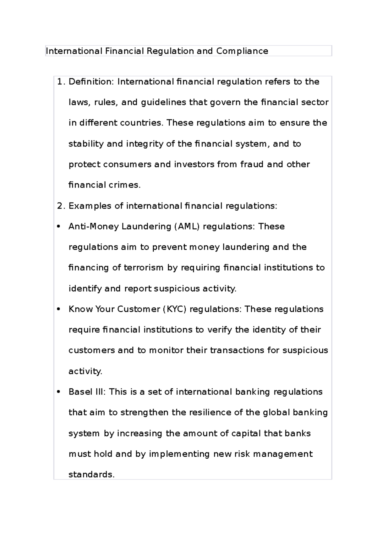 International Financial Regulation and Compliance International