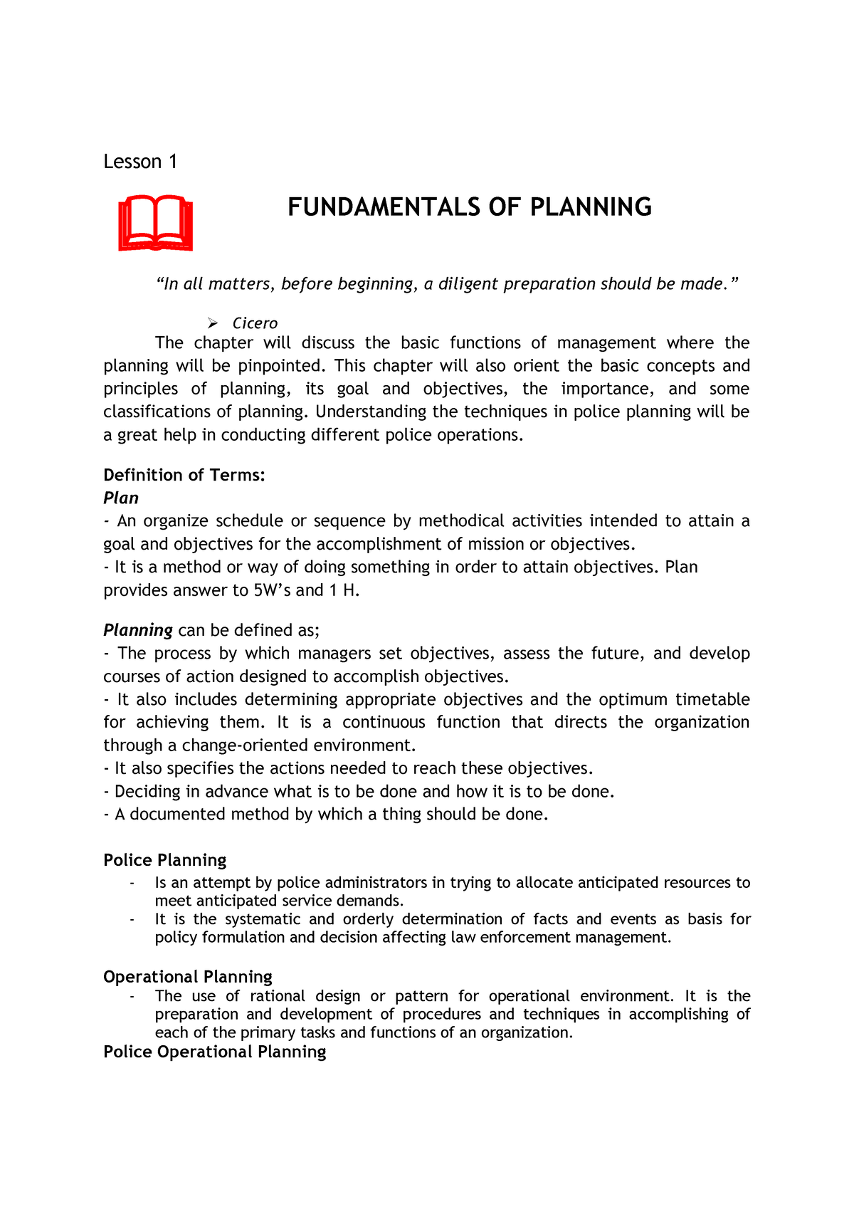 Fundamentals Of Planning - Lesson 1 “In All Matters, Before Beginning ...