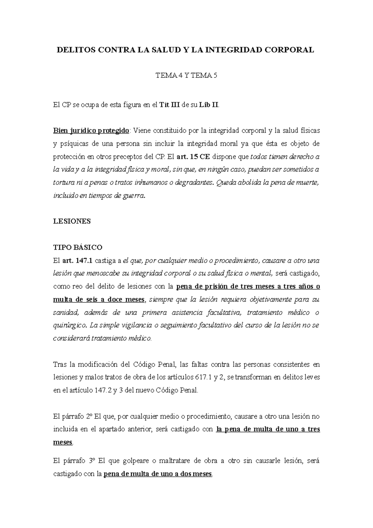 TEMA 4 - 5 Delito DE Lesiones - DELITOS CONTRA LA SALUD Y LA INTEGRIDAD ...