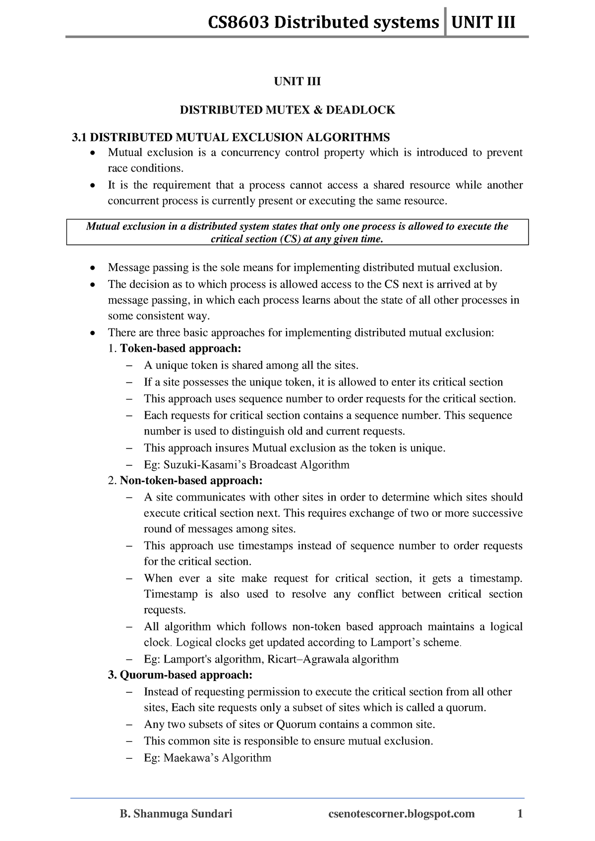 CS8603 - UNIT Iii - UNIT III DISTRIBUTED MUTEX & DEADLOCK 3 DISTRIBUTED ...