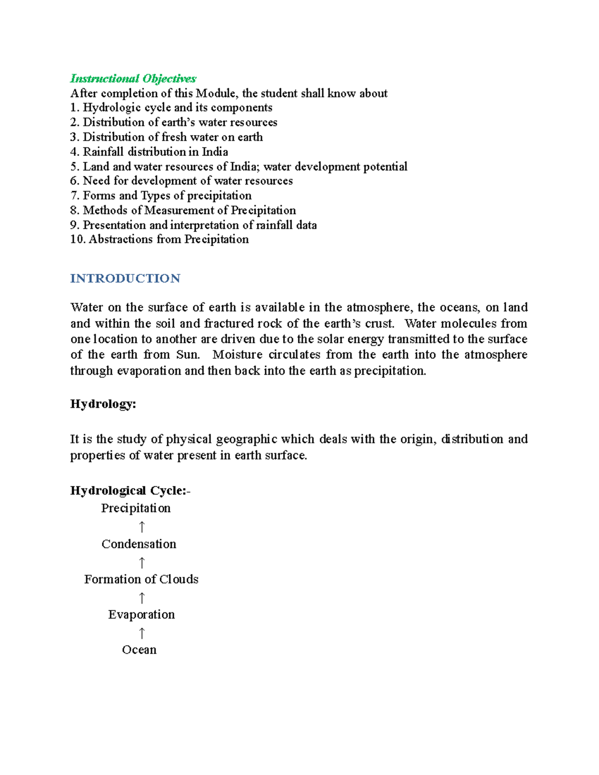 Water Resources Engg NOTES Instructional Objectives After completion of this Module, the