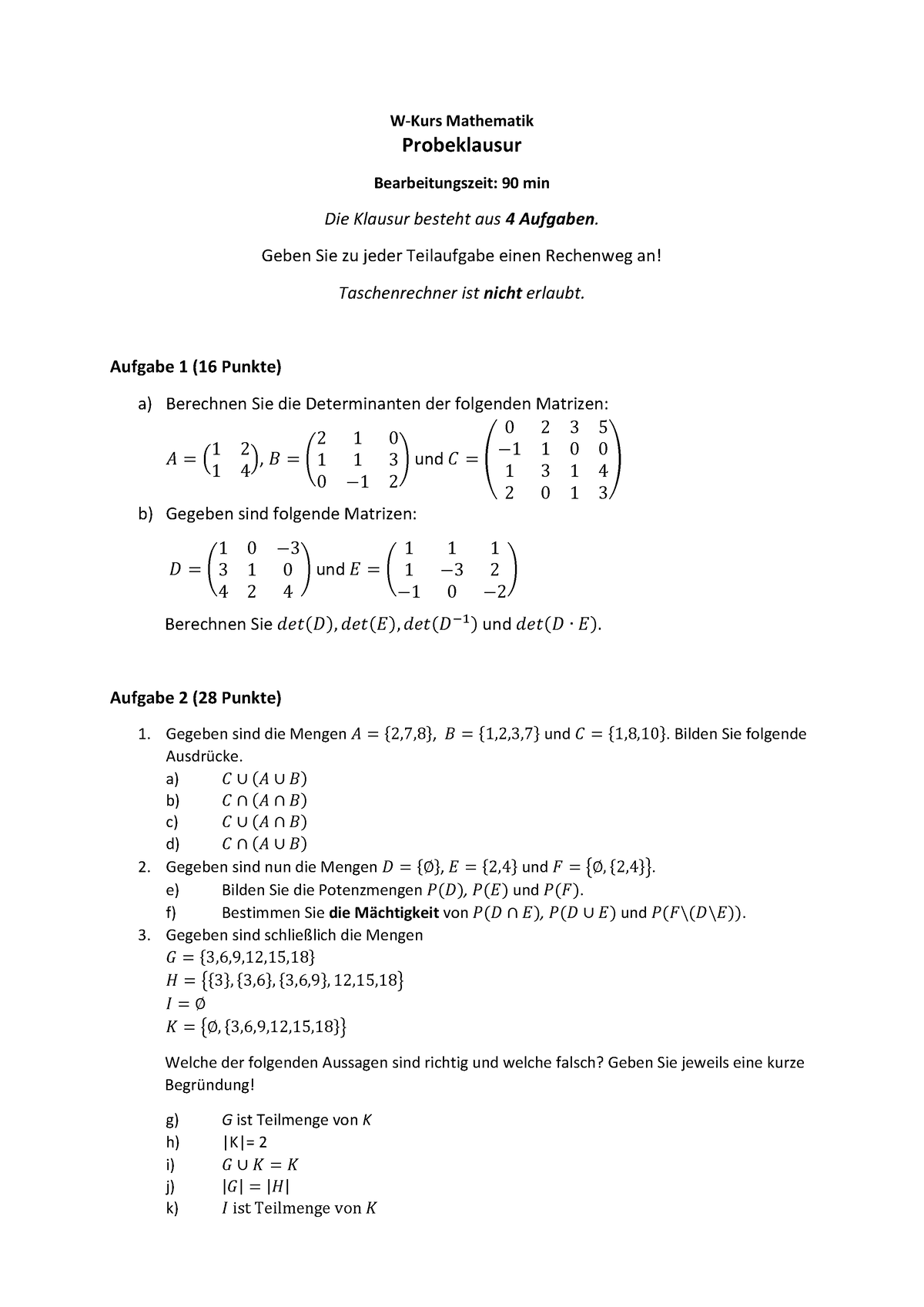 Probeklausur WFH2023 - W-Kurs Mathematik Probeklausur Bearbeitungszeit ...