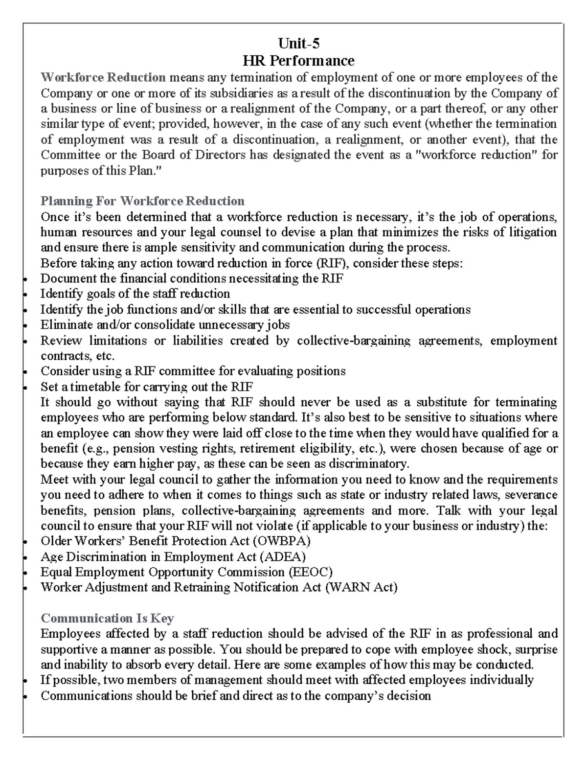 Unit 5 hrd - Notes - Unit- HR Performance Workforce Reduction means any ...