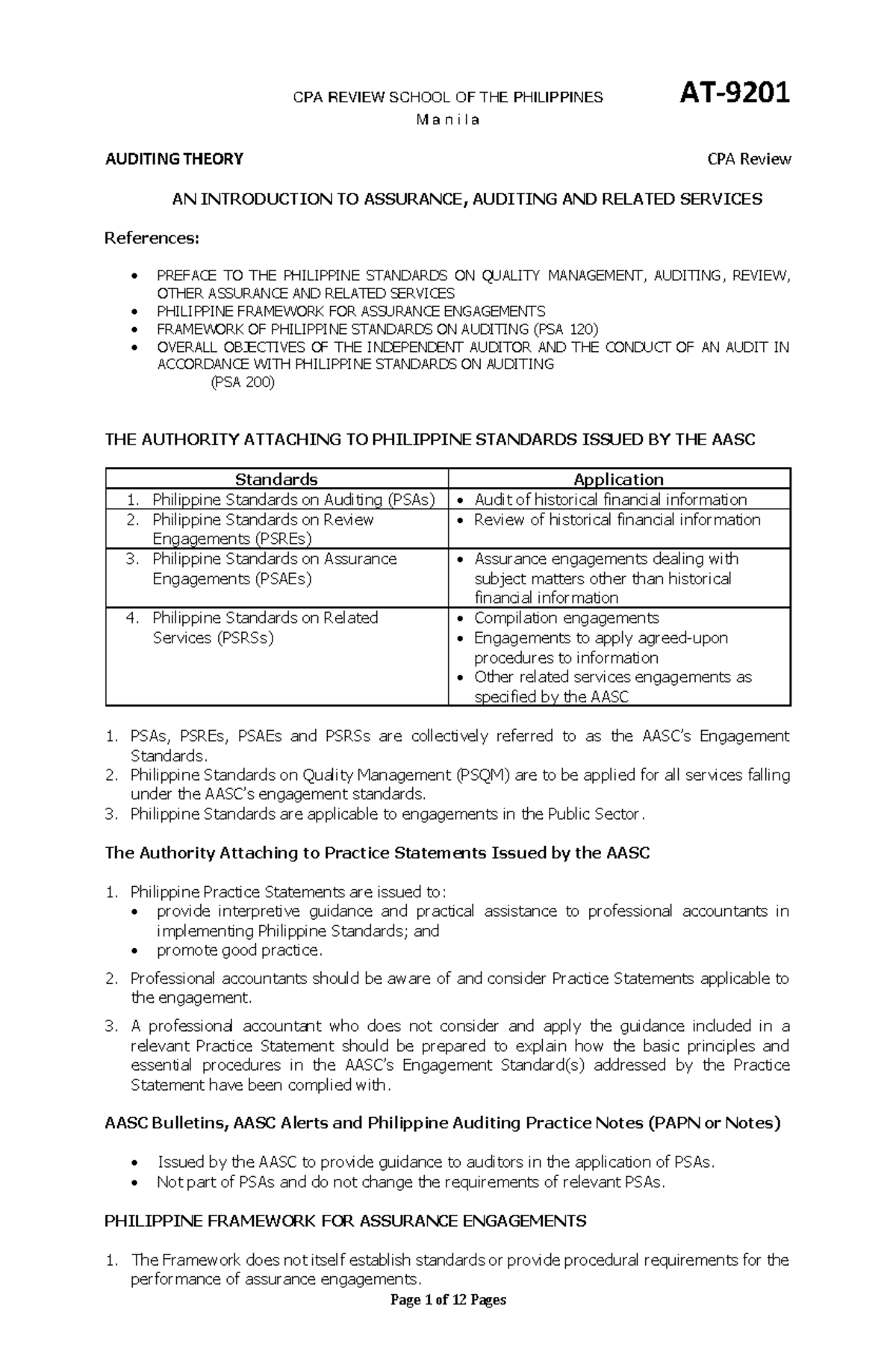 AT-9201 - Cpar auditing - CPA REVIEW SCHOOL OF THE PHILIPPINES AT- M a ...
