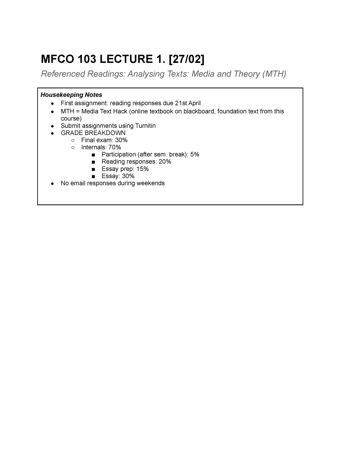 Mfco103 Lecture 1 Mfco 103 Lecture 1 2702 Referenced Readings Analysing Texts Media And