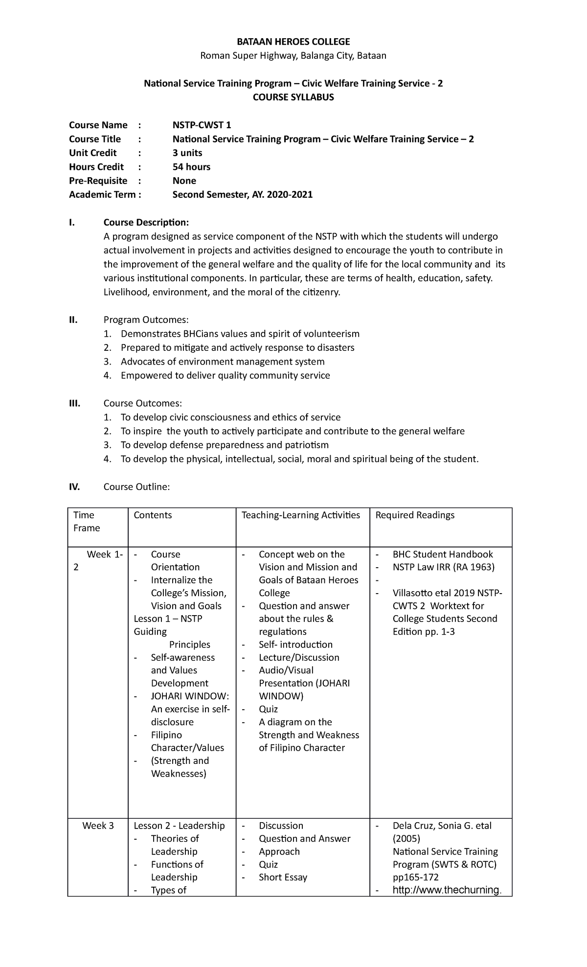 NSTP- Courseplan - National Service Training Program - BATAAN HEROES ...