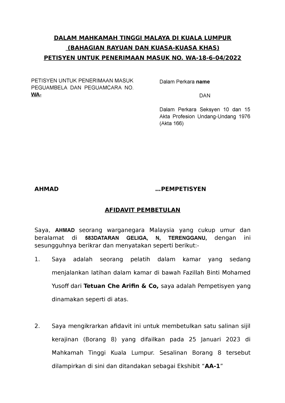 Afidavit Pembetulan Read Dalam Mahkamah Tinggi Malaya Di Kuala Lumpur Bahagian Rayuan Dan 