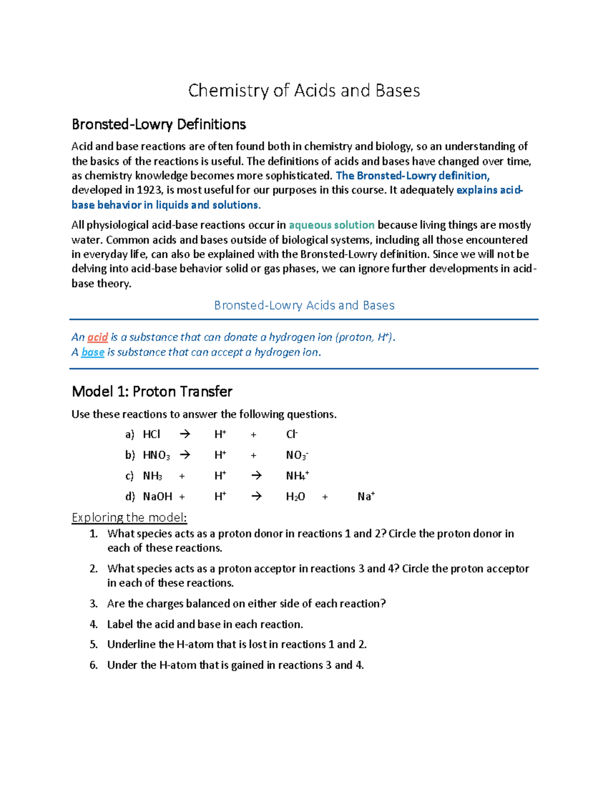 Pogil 3B AcidBaseReviewSimplified Chemistry of Acids and Bases