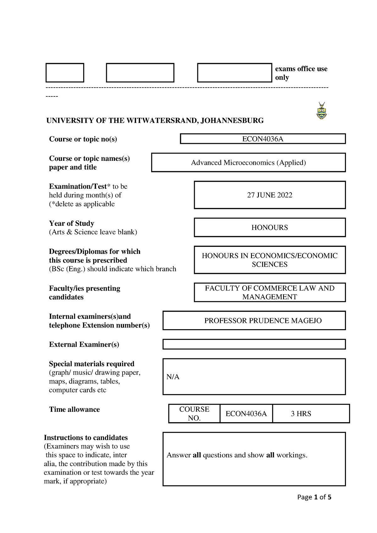 2022 Past Paper Exams Office Use Only UNIVERSITY OF THE   Thumb 1200 1697 