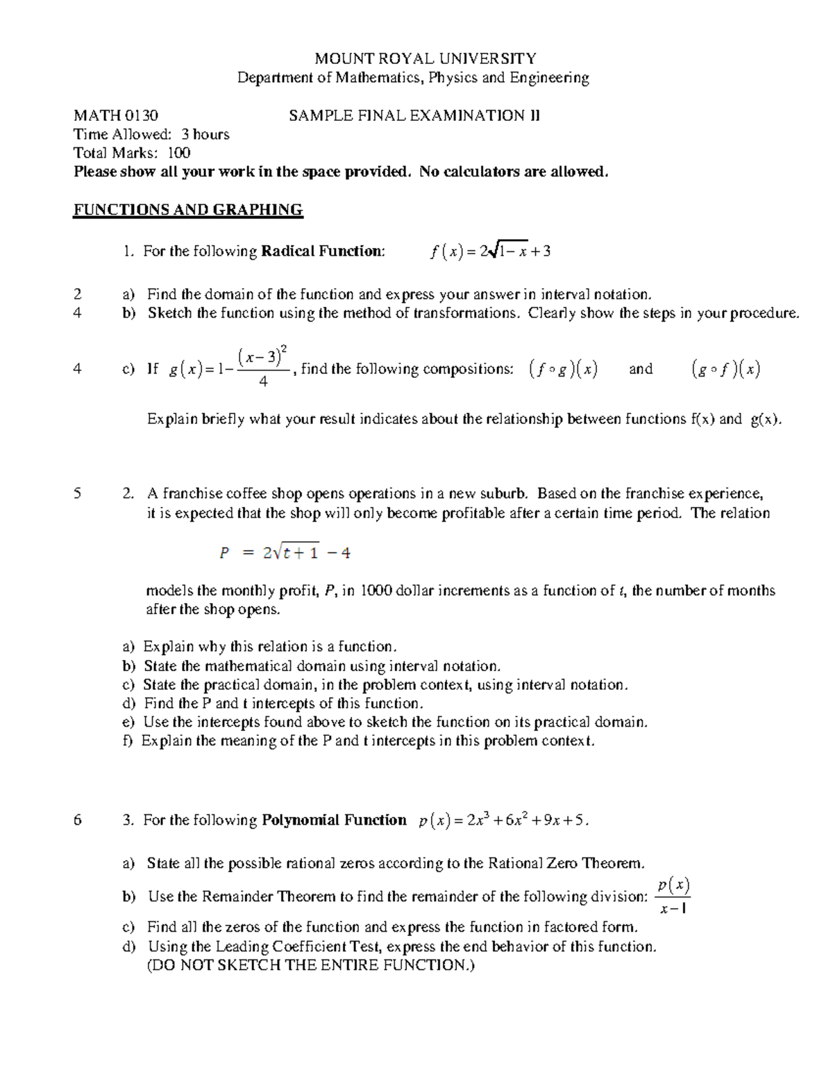 Sample Final exam II(1)(1) - MOUNT ROYAL UNIVERSITY Department of ...