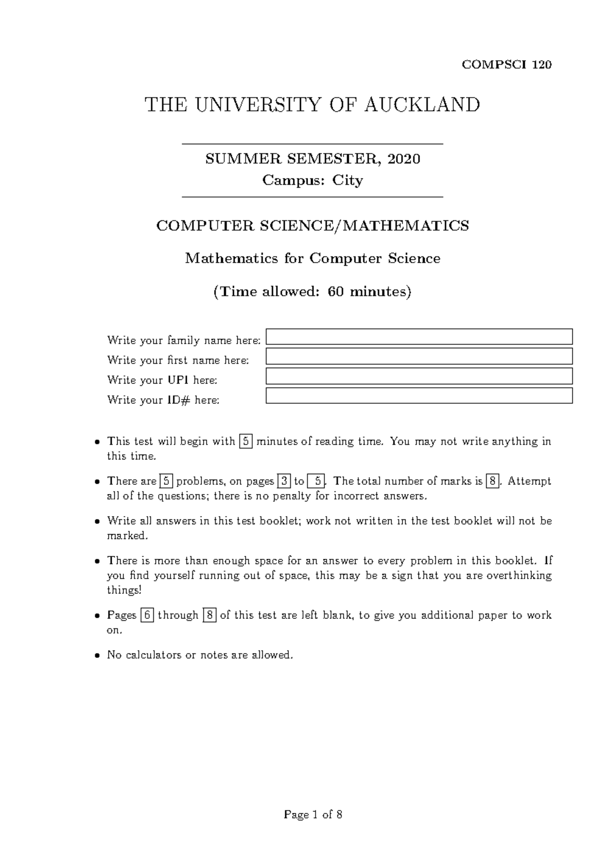Compsci 120 2020 S2 test solution - THE UNIVERSITY OF AUCKLAND SUMMER ...