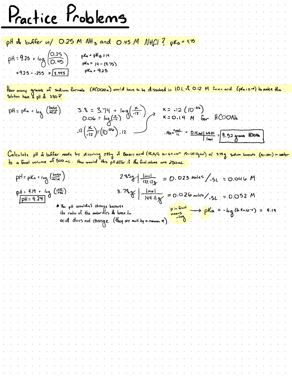 Practice Materials for General Chemistry (2) - Practice Problems pH of ...