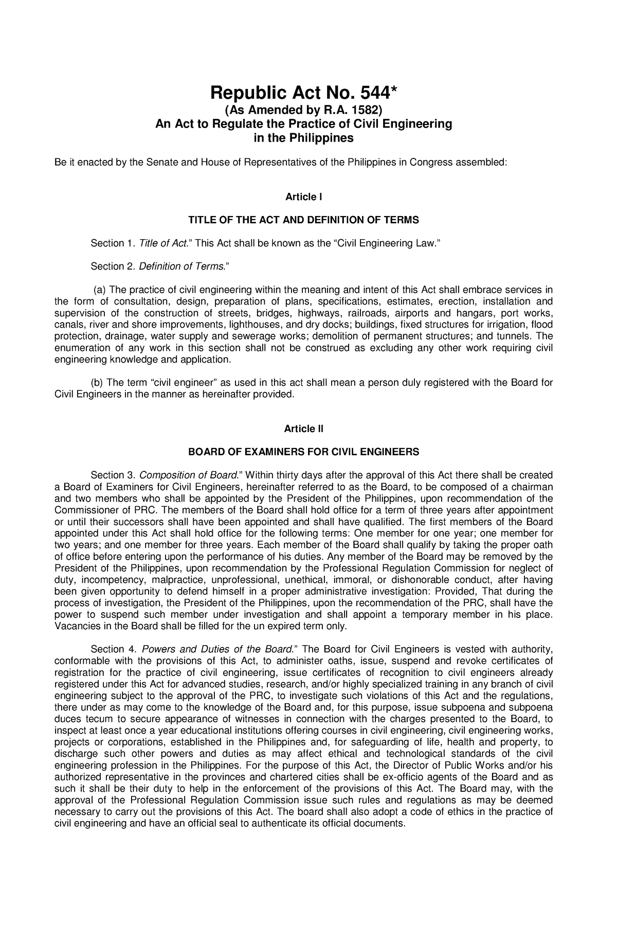 RA 544 Civil Engineering Law - Republic Act No. 544* (As Amended by R ...