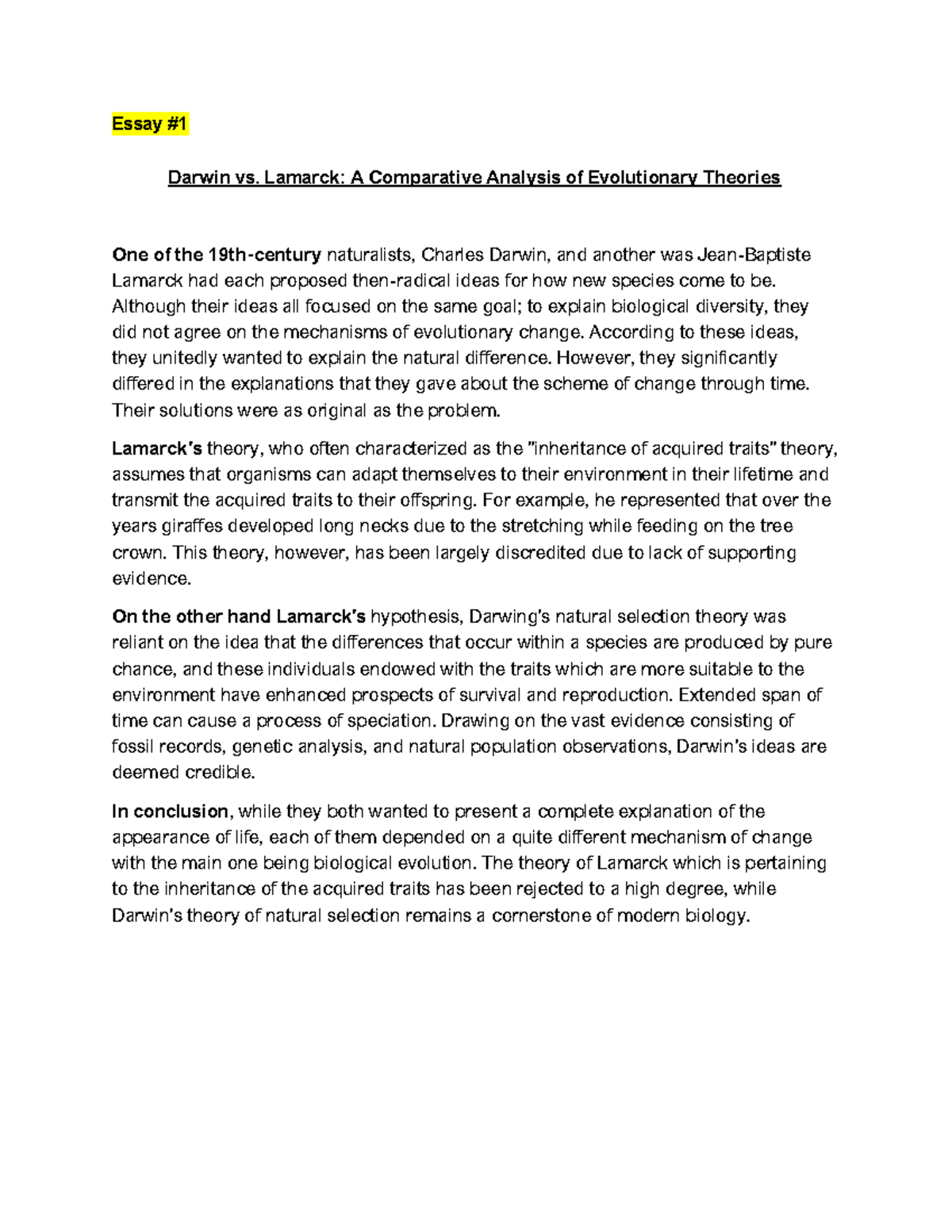 Essay #1 - Essay # Darwin vs. Lamarck: A Comparative Analysis of ...