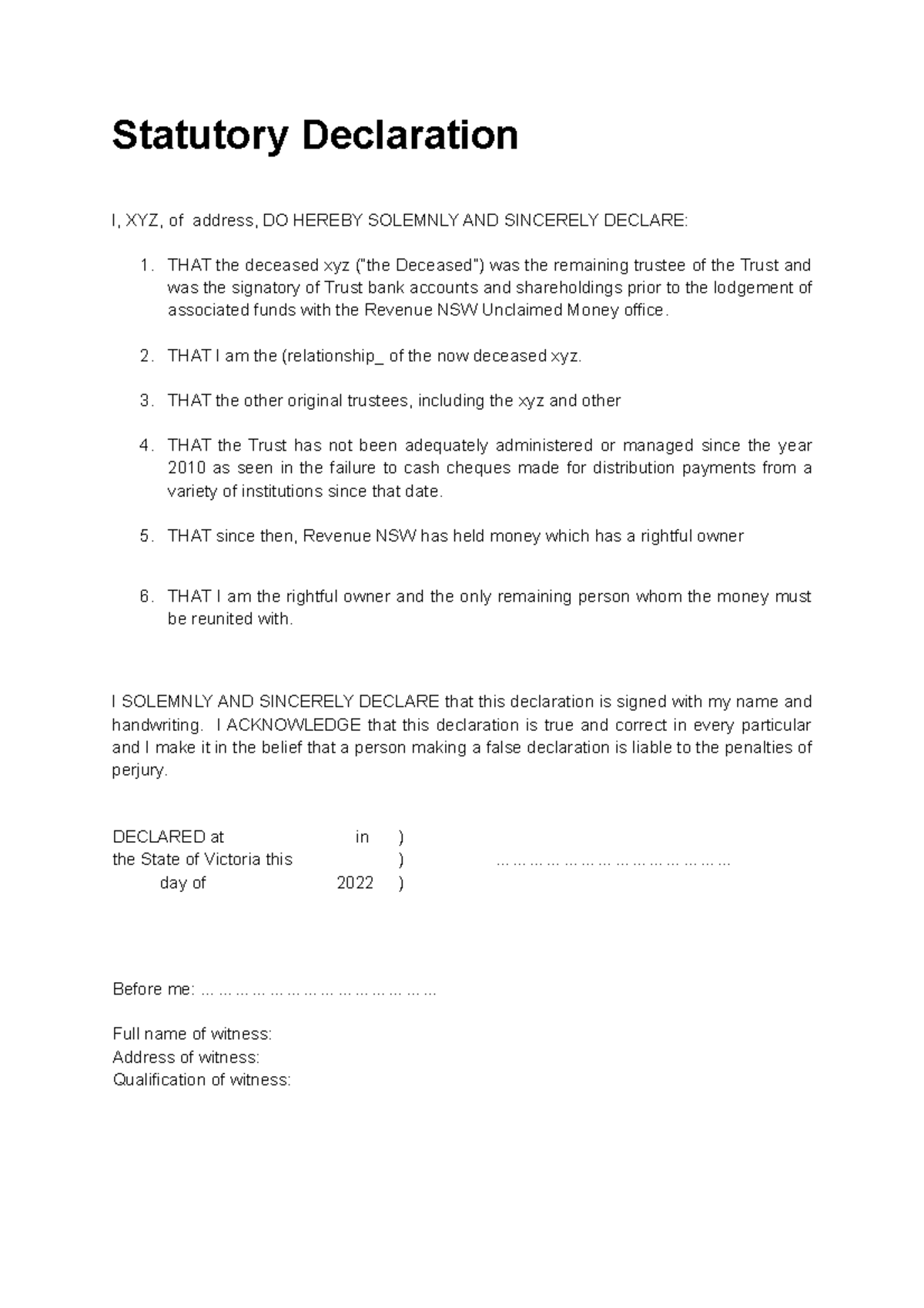 Statutory Declaration Veronica Kastelan Statutory Declaration I Xyz Of Address Do Hereby