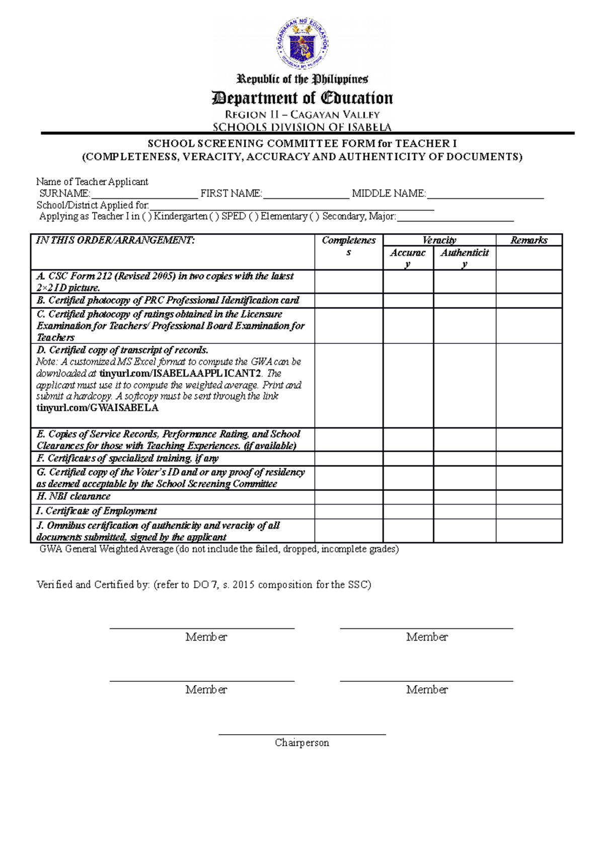 Checklist Kinder, ELEM, JHS SCHOOL SCREENING COMMITTEE FORM for