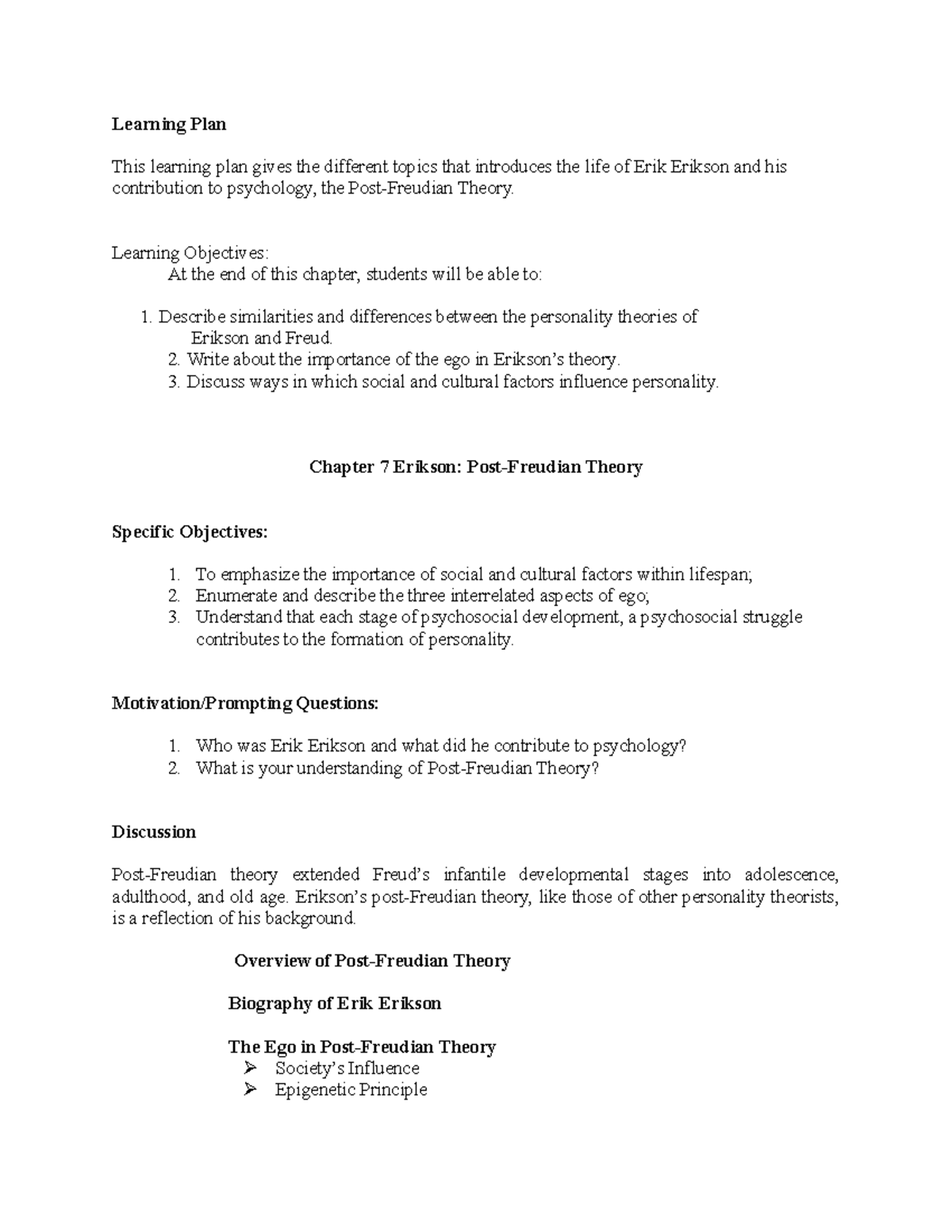 TOP Erikson Learning Plan - Learning Plan This learning plan gives the ...