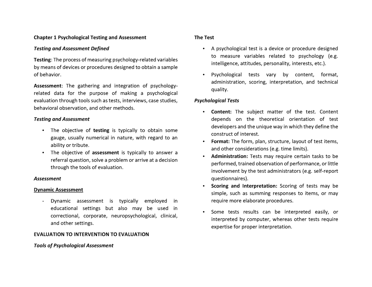 Psych Assessment Chap 1 Chapter 1 Psychological Testing And Assessment Testing And Assessment 7098