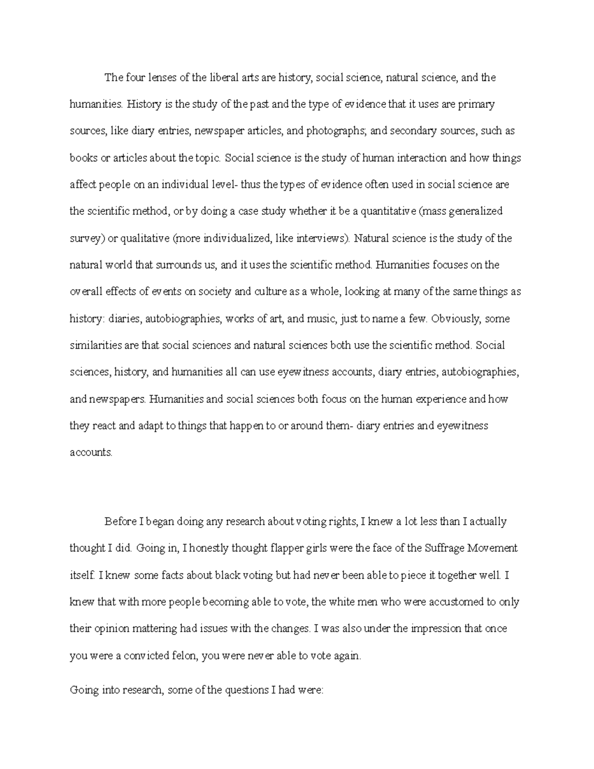 Liberal arts final paper The four lenses of the liberal arts are