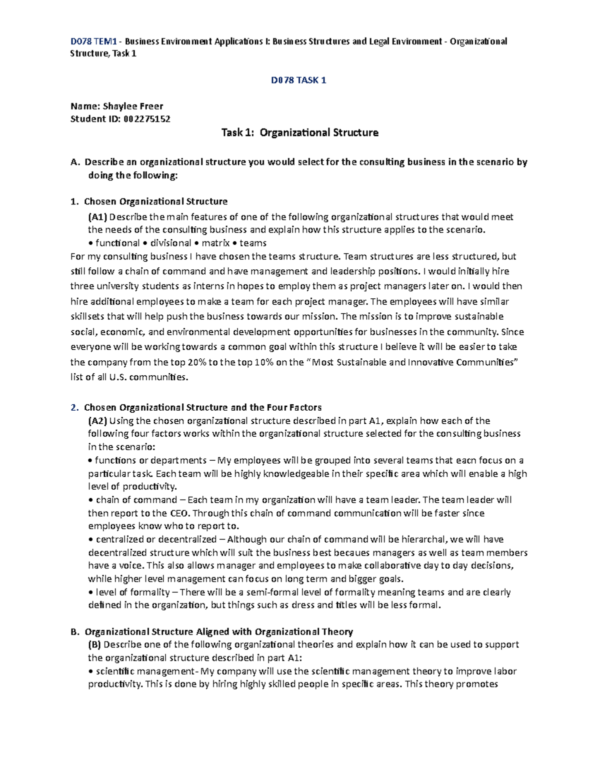 D078 Task 1 Template D078 Task I Business and legal structures