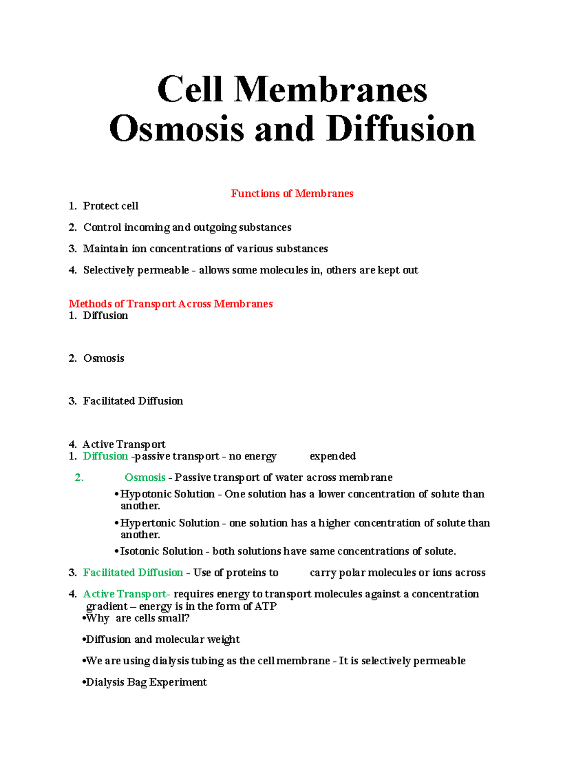 BIO 1101 LAB 7 Lecture notes LAB 7 Cell Membranes Osmosis and