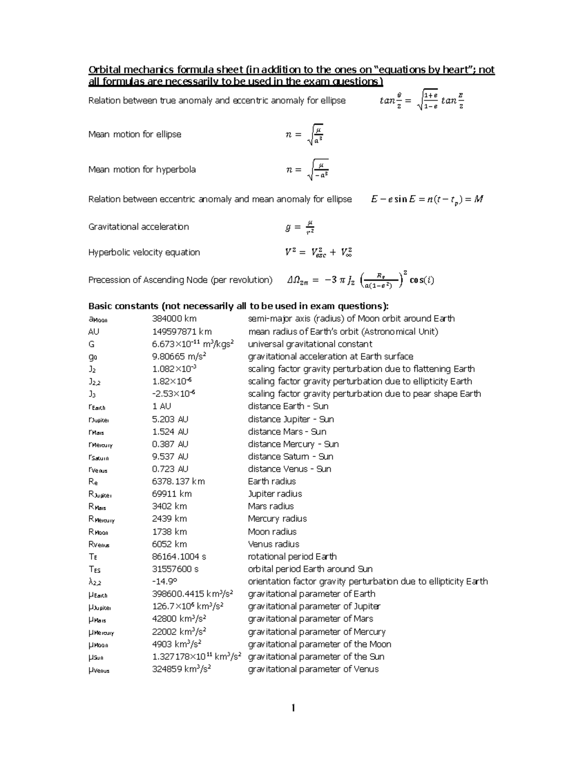 Ae2-230I exam 2006 26 equations+data - 1 Orbital mechanics formula ...