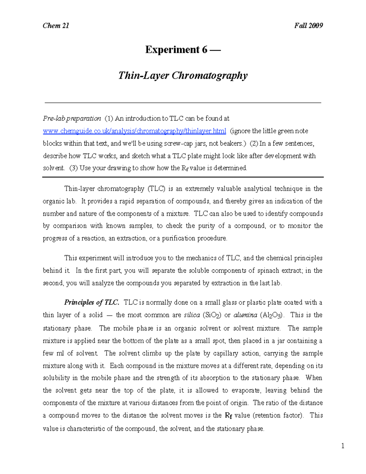 Introduction to ThinLayer Chromatography Lab practise Chem 21 Fall