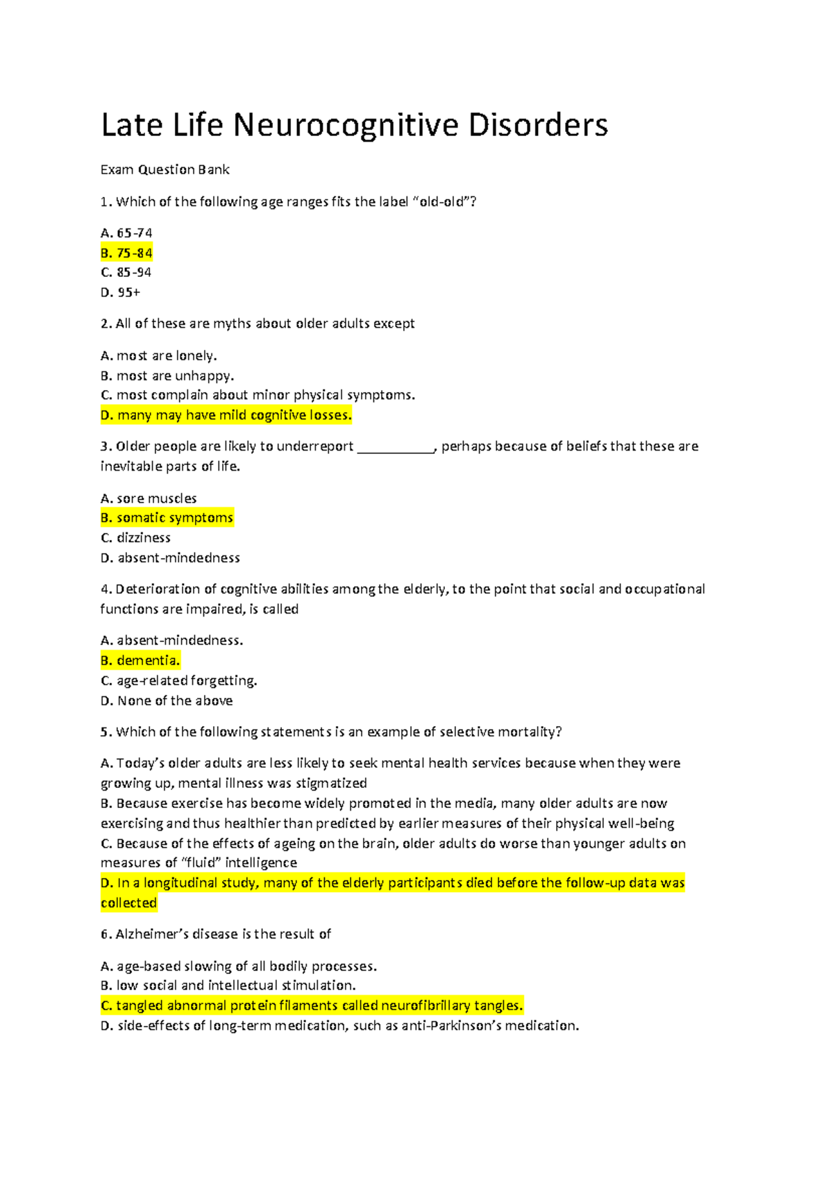 Late Life Neurocognitive Disorders Multichoice Questions And Answers ...