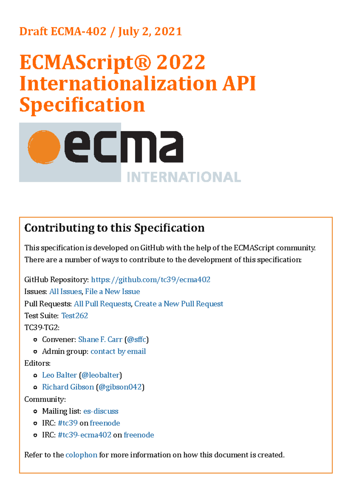 Draft ECMA 402 - Ecmascript 2021 International API Specification (2021 ...