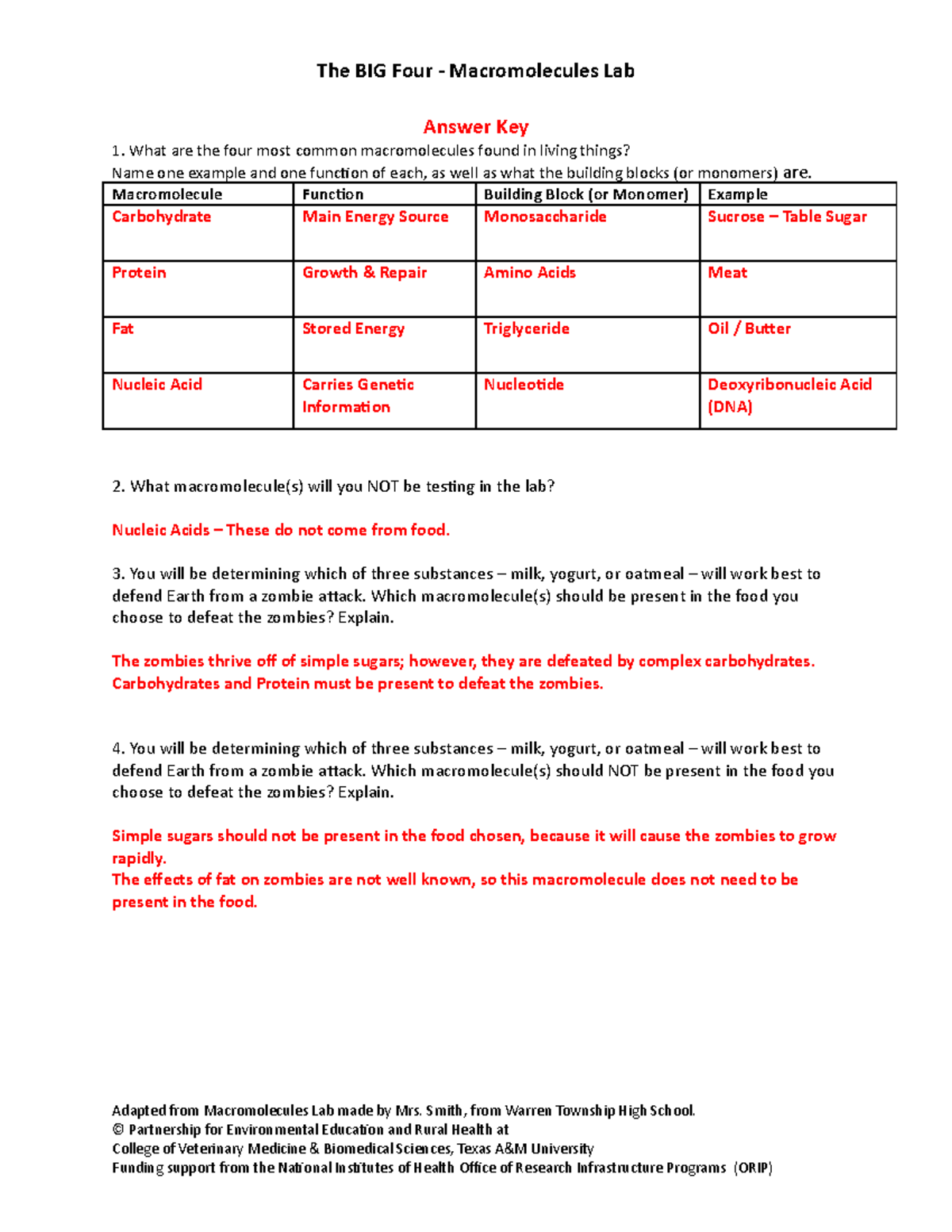 Macromol Lab Worksheet KEY The BIG Four Macromolecules Lab Answer Key What Are The Four Most 