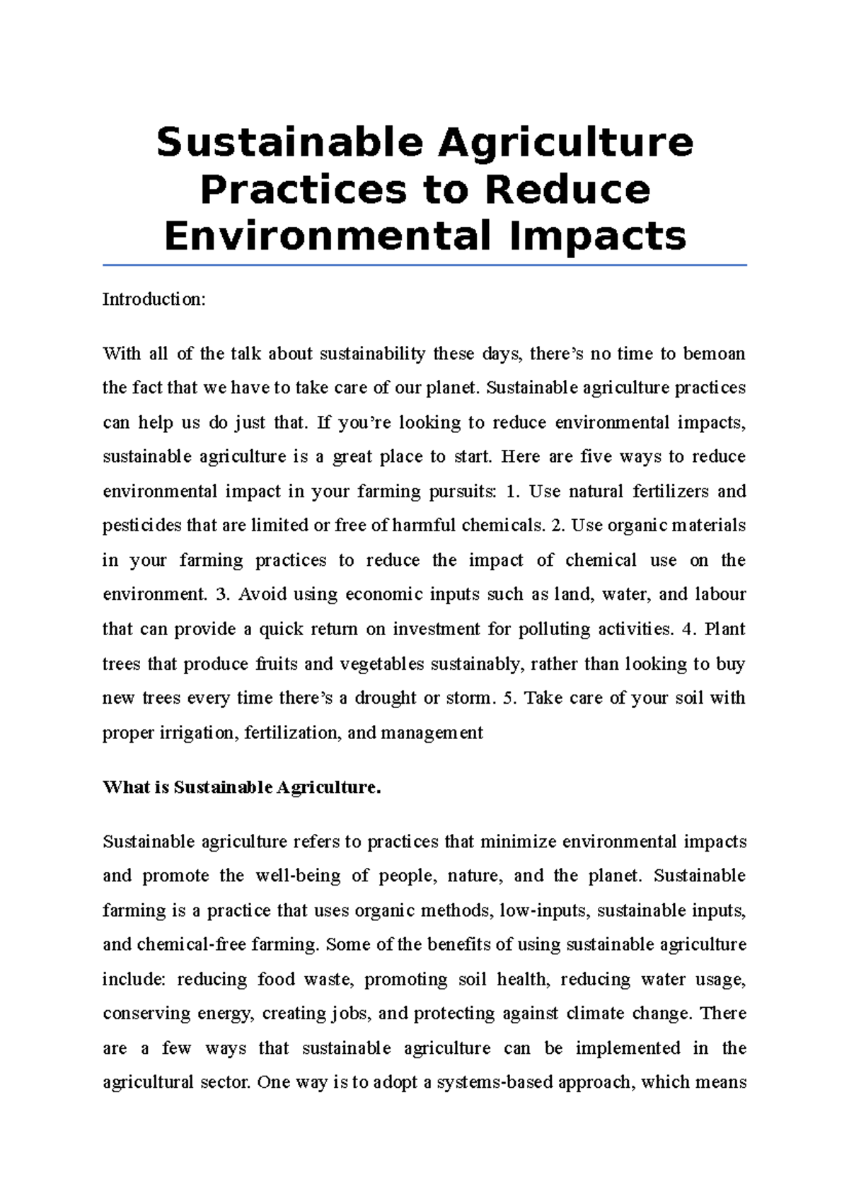 Sustainable Agriculture Practices to Reduce Environmental Impacts