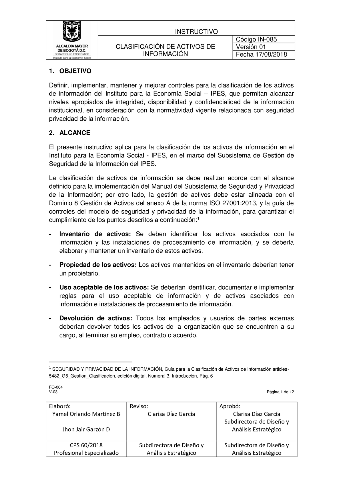 In 085 Clasificacion De Activos De Informacion.pdf - INSTRUCTIVO ...