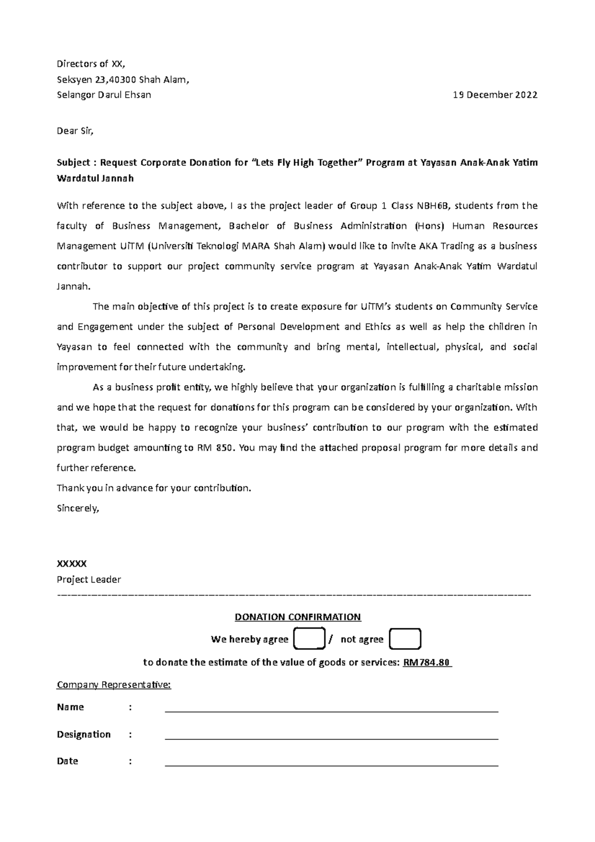 Letter Request for Corporate Donation MGT538 - Directors of XX, Seksyen ...