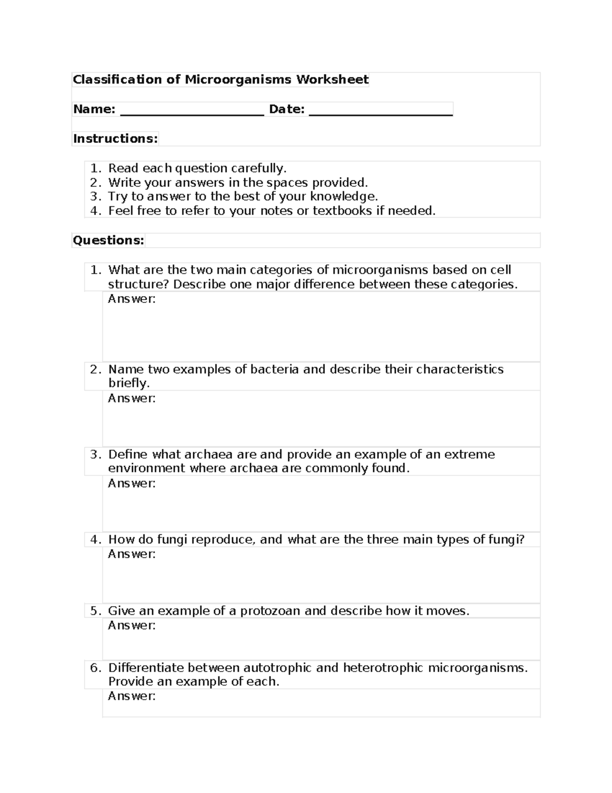 Classification Of Microorganism Worksheet Classification Of Microorganisms Worksheet Name