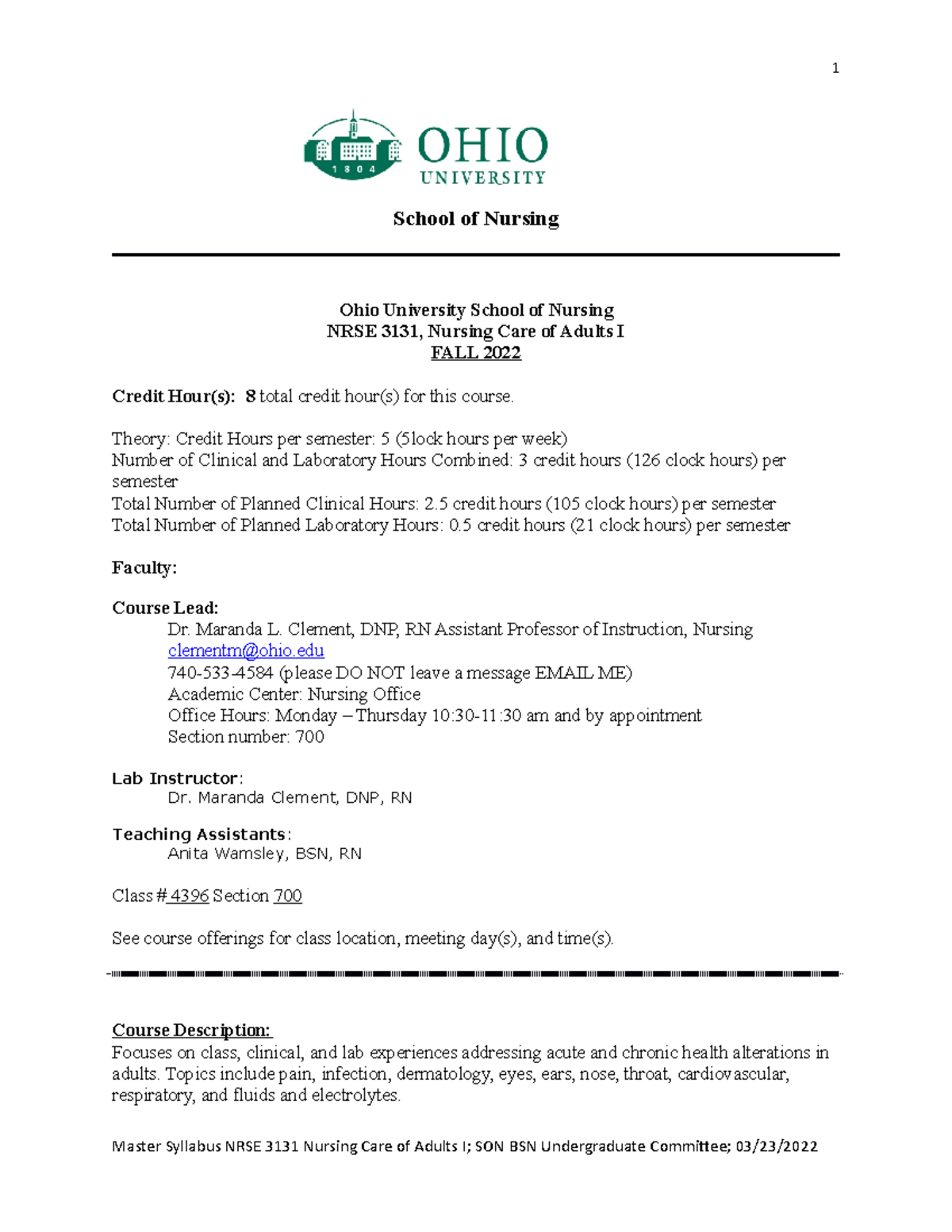 NRSE 3131 Syllabus M. Clement Fall 2022(3) - School Of Nursing Ohio ...