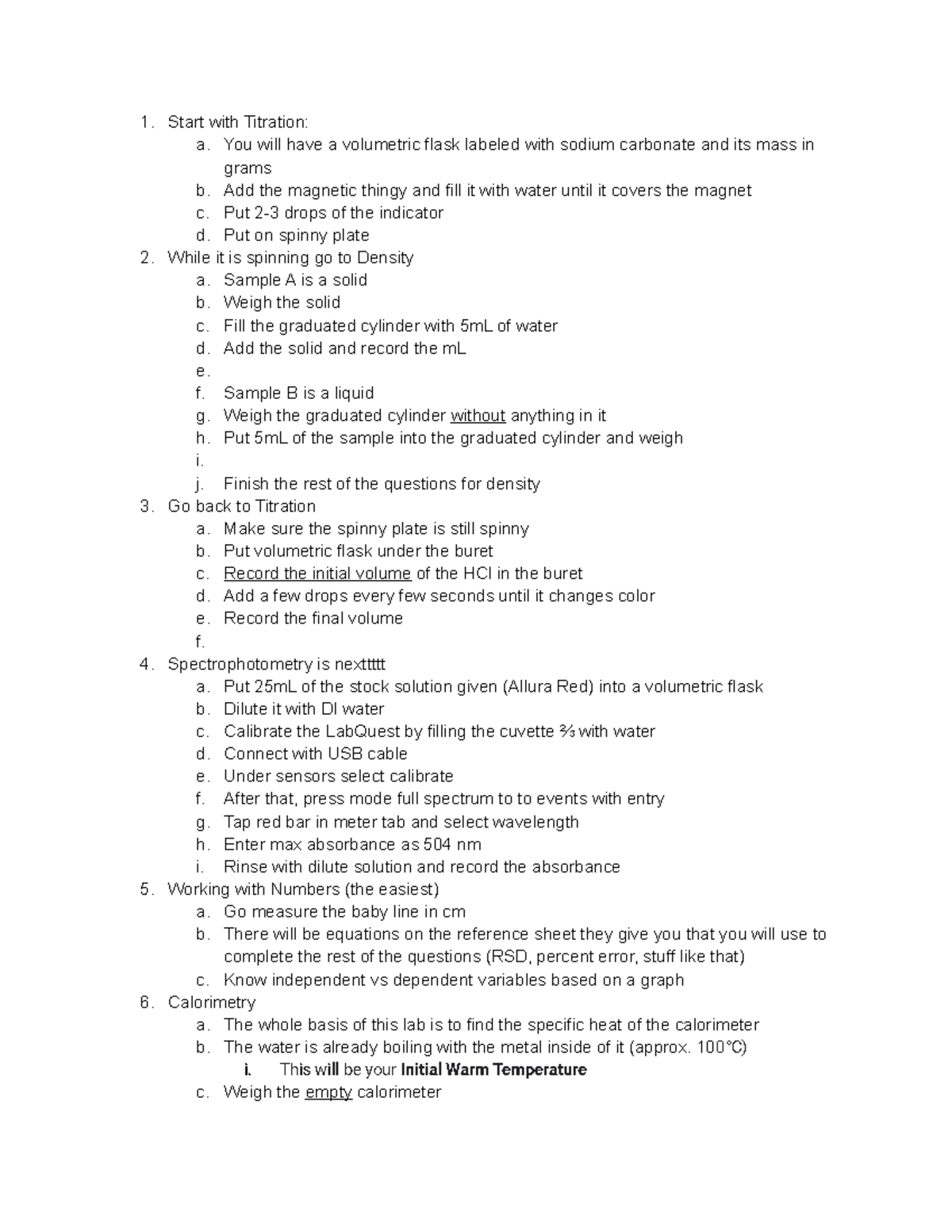 Chem Lab Practical Cheat Sheet Start with Titration a. You will have