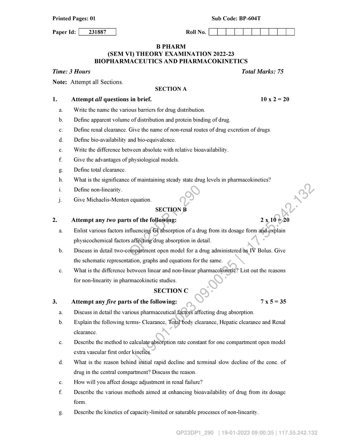 Biopharmaceutics AND Pharmacokinetics BP604T - QP23DP1_ | 19-01-2023 09 ...