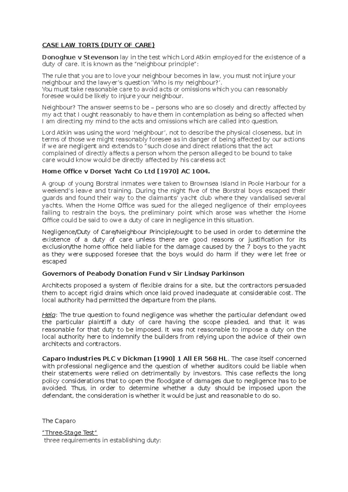 CASE LAW TortsDOC Examples cases for Tort (Negligence)Test for Duty