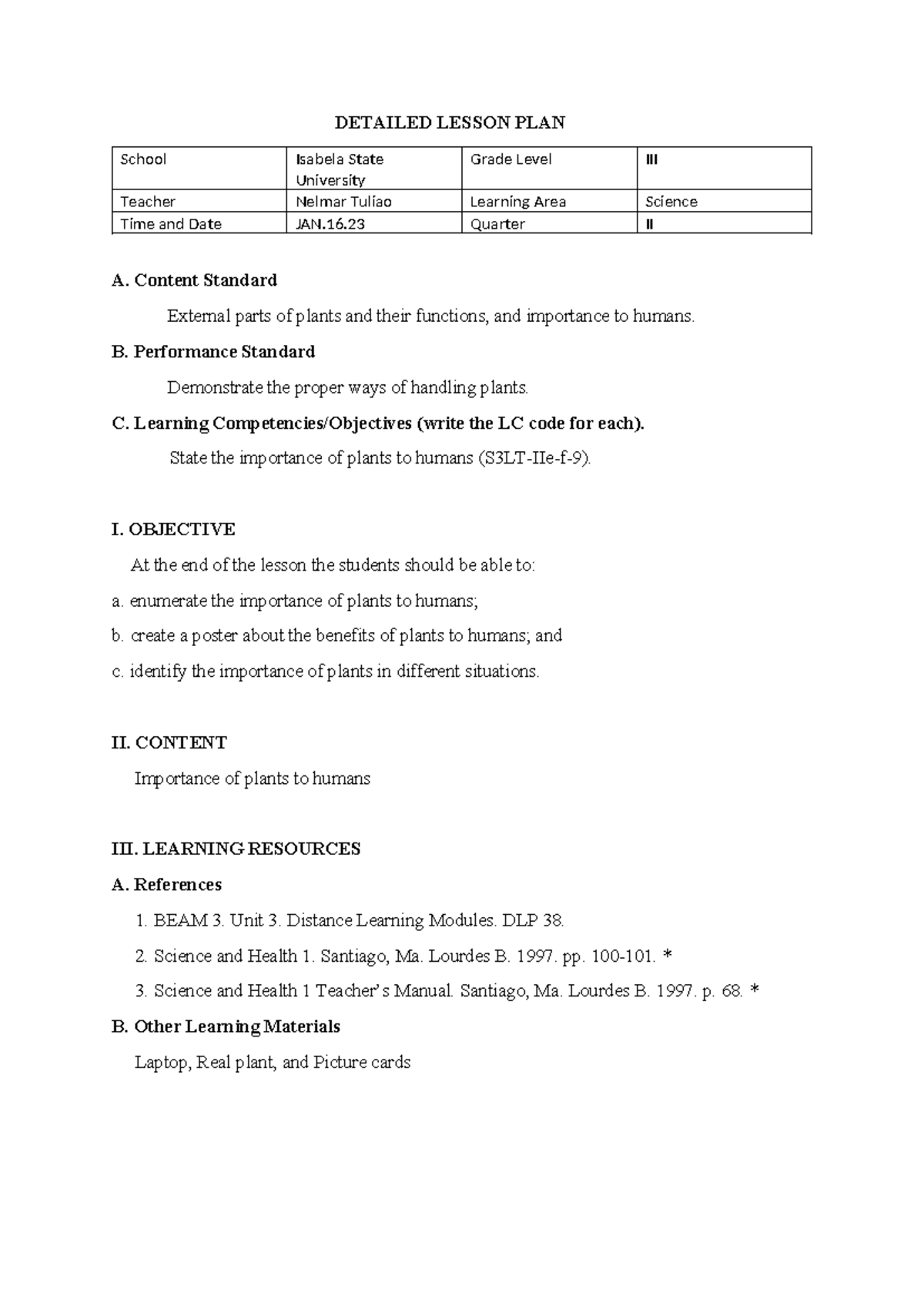 Detailed Lesson PLAN (final) Science - DETAILED LESSON PLAN School ...