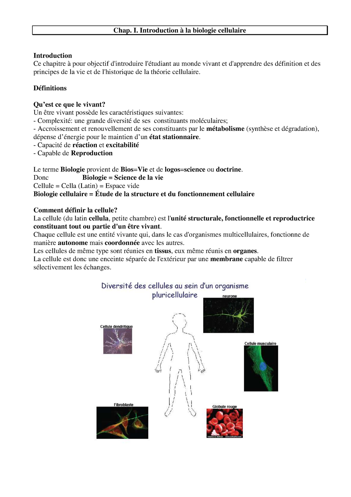 Biologie Cellulaire E Cours Chap I Introduction à La Biologie Cellulaire Introduction Ce 