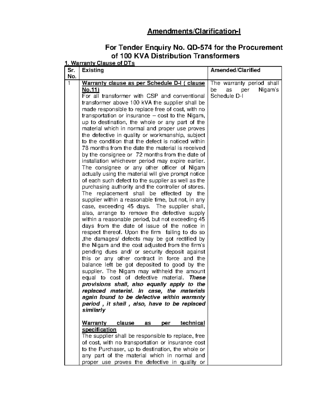 Amm 427 qd 574 I - Amendments/Clarification-I For Tender Enquiry No. QD ...