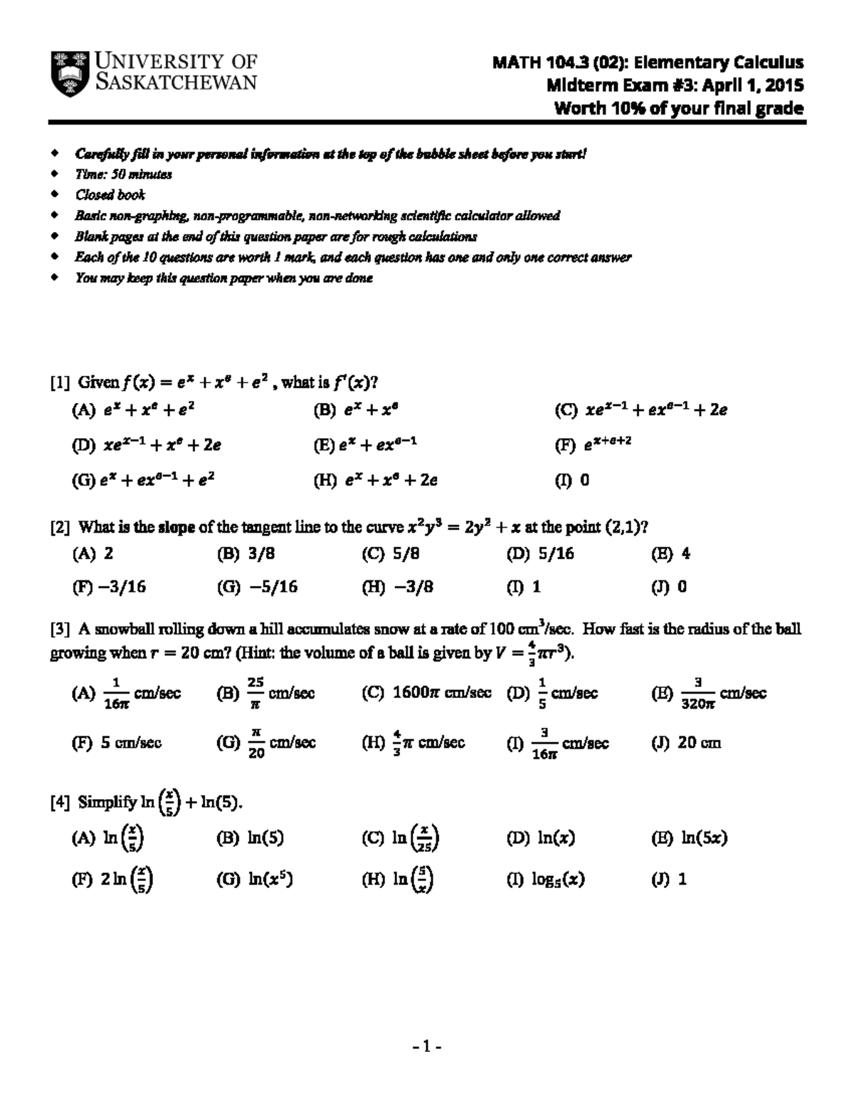 Midterm 3 April 2015, questions and answers - UNIVERSITY OF MATH 104 ...